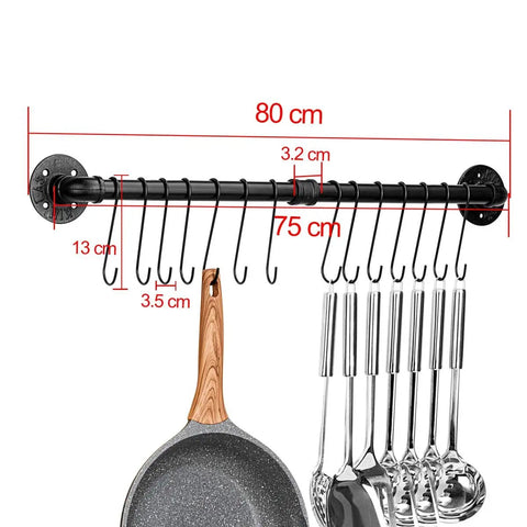 31.5 Inch Wall Mounted Pot Rack With Detachable Pan Lid Organizer And 14 Hooks Heavy Duty Iron In Matte Black For Kitchen Utensils