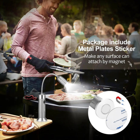 Ultra Bright Magnetic Grill Light With Flexible Gooseneck LED Beam Hands Free BBQ Lighting attached to grill for night cooking