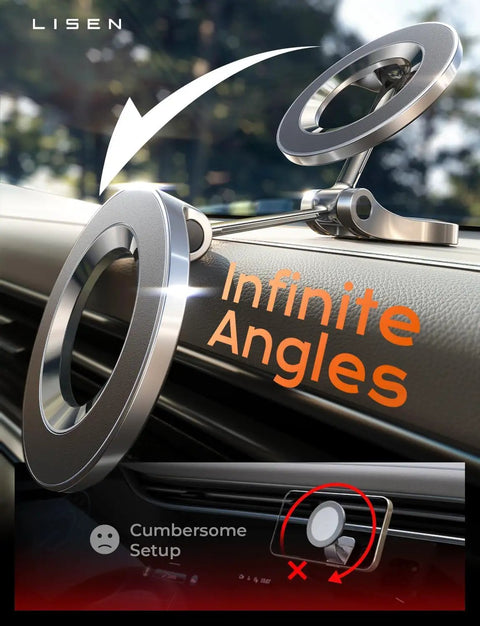 MagSafe Car Mount For iPhone 17 Pro Max With 24 Strong Magnets, slim magnetic phone holder on car dashboard, showcasing infinite angles.