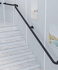 Top Shelf Galvanized Steel Pipe Handrail With Wall Mount Kit Built Ridiculously Solid For Indoor Outdoor Stairs Deck Porch, installed on modern stairs.