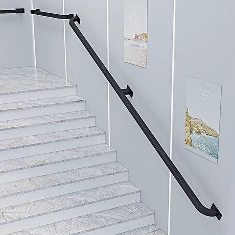 Top Shelf Galvanized Steel Pipe Handrail With Wall Mount Kit Built Ridiculously Solid For Indoor Outdoor Stairs Deck Porch, installed on modern stairs.