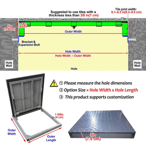 Diagram and parts of Heavy Duty Basement Entry Door With Suction Cup For Easy Access And 90 Degree Opening, fits W28xL31in space.