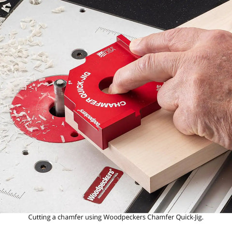 Shop Tested Street Smart Radius And Chamfer Quick Jig Deluxe Set featuring 18 Router Table Templates in use for precise chamfer cuts.