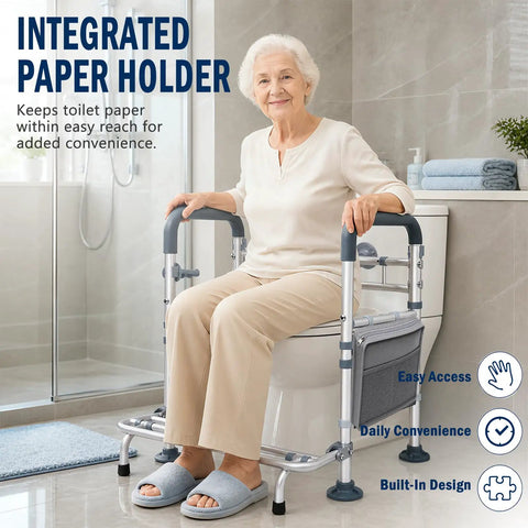 Premium Heavy Duty Toilet Safety Rails for Seniors 500 Lbs Weight Capacity Stand Alone Adjustable Height Width Aluminum Frame With Strong Suction Cups Non Slip Safety Side Storage Pouch And Paper Towel Holder Bathroom Upgrade Is A Breeze with integrated paper holder and user sitting on toilet.