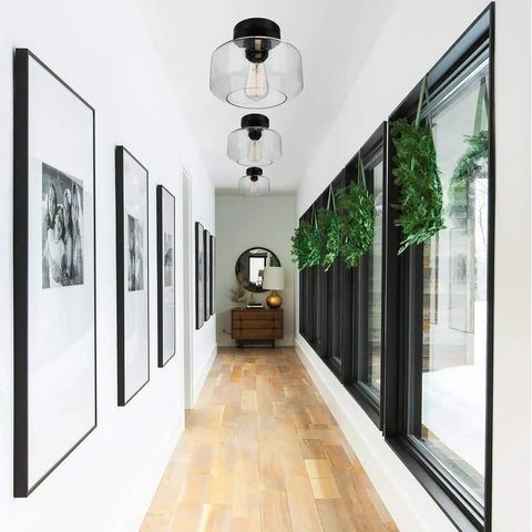 Industrial Semi Flush Mount Ceiling Light With Clear Glass Pendant Shade in hallway with farmhouse vibe and black matte finish