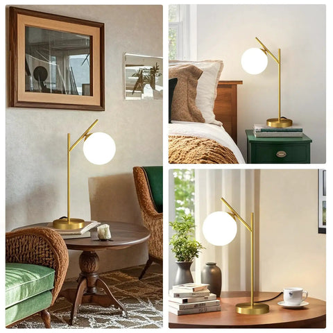 Mid Century Modern Table Lamp With Brass Metal Body And Milky White Glass Globe Shade 1 Light Bedside Lamp in various rooms.