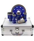 Beefy Pro Grade Diamond Drill Core Bits Set With Milling Bit And 115mm Saw Blade For Porcelain Tile Marble Ceramic Granite Five Eighths Inch 11 Thread Six Pieces displayed on a silver case.