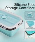 Detail of silicone food storage container showing sealing plug, buckle design, and easy-to-clean feature.