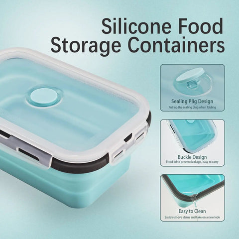 Detail of silicone food storage container showing sealing plug, buckle design, and easy-to-clean feature.