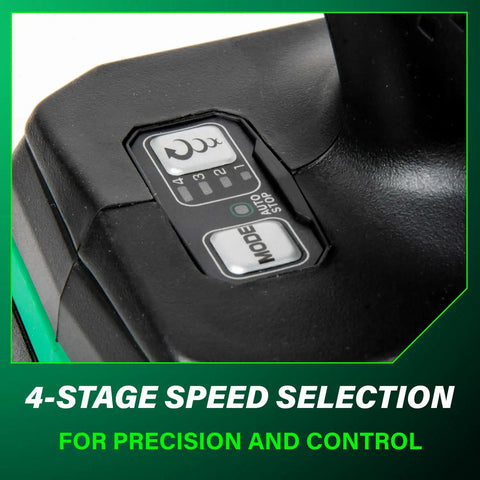Close-up of 4-stage speed selector on 36V Cordless Brushless High Torque Half Inch Impact Wrench With Beast Mode Power 1033 Foot Pounds Tightening Torque And 1475 Foot Pounds Nut Busting Torque Up To 1500 RPM And 2500 BPM IP56 Weather Resistant Tool Body Only.