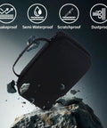 Rugged Hard Shell Case For Solix C300 DC Power Bank Station, black case on rocky surface, quakeproof, waterproof, scratchproof icons visible.