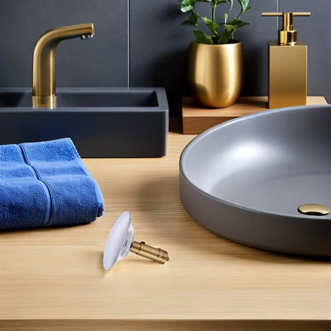 Copper Bathtub Drain Stopper with Bounce Design for Easy Control on wooden surface next to blue towel and modern sink.