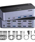 8K At 60Hz HDMI And DisplayPort KVM Switch For Two Computers And Three Monitors Aluminum Enclosure With Four USB 3 Ports And One Click Switch For Seamless Multi Monitor Setup And Durable Build, front view with cables