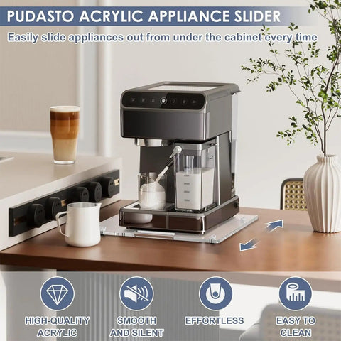Dead Simple Professional Coffee Maker Sliding Tray With Grease Resistant Rubber Wheels And Sturdy Grip Handle For Butter Smooth Glide Heavy Duty Kitchen Stand Rack with espresso machine on acrylic platform.