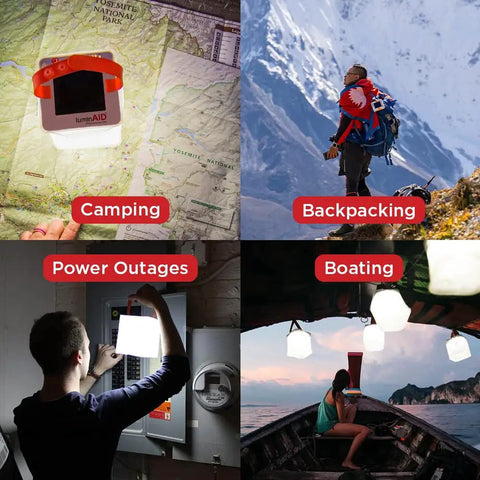 Grid image of Solar Camping Lantern Inflatable LED Lamp being used for camping, backpacking, power outages, and boating.