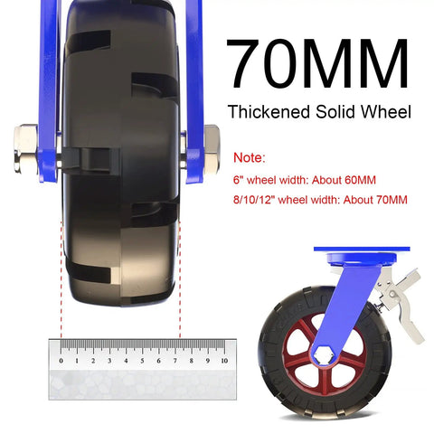 Heavy Duty Locking Casters With Dual Disc Brakes, Rock Solid Rubber Tires, Shock Absorbing Puncture Proof Wheel Kit, Built Like A Tank For Heavy Hauling Shop Tools And Garage Gear - 70mm thickened solid wheel with ruler for size reference.