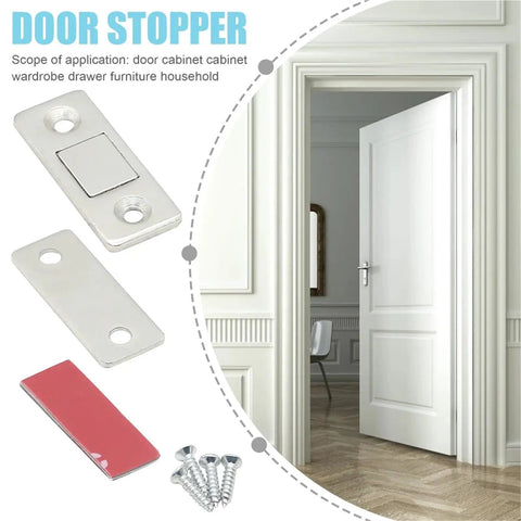 Magnetic Cabinet Catches 10 Pack Invisible Soft Catch Door Latches with screws and door stopper shown in a room