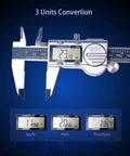 Digital caliper, 6-inch, stainless steel, IP54 waterproof; LCD displays mm/in/Fraction with ABS scale