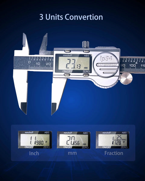 Digital caliper, 6-inch, stainless steel, IP54 waterproof; LCD displays mm/in/Fraction with ABS scale