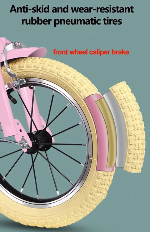 Close-up of front wheel with pneumatic tire and caliper brake on Three Wheel Cruiser Tricycle With Rear Passenger Seat And Backrest.