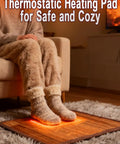 Person using Under Desk Heated Floor Mat With 10 Temperature Levels And 3 Timers, 110V Electric Cozy Foot Warmer Pad in brown