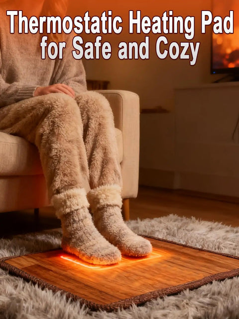Person using Under Desk Heated Floor Mat With 10 Temperature Levels And 3 Timers, 110V Electric Cozy Foot Warmer Pad in brown
