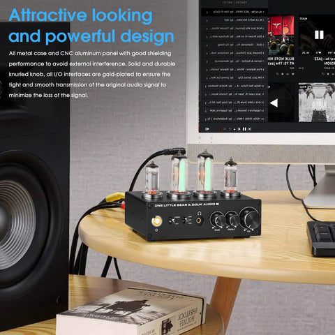 Old School Vacuum Tube Phono Preamplifier For MM And MC Turntable With Headphone Output Warm Rich Tone Magic Eye Meter Dual 6E2 And 6A2 Tubes Treble Bass Controls Home HiFi Audio Amplifier on wood table