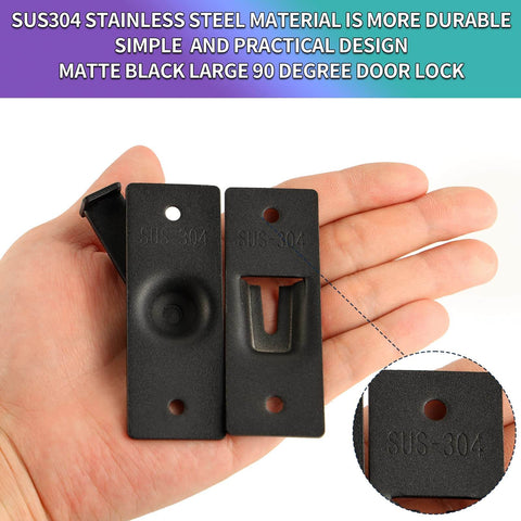Stainless Steel 90 Degree Right Angle Sliding Door Lock for Barn Doors, 3.17 Inch Bolt, Matte Black Finish in hand.