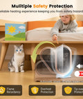 Child and cat near a 1200W PTC Ceramic Space Heater With Fast Heat, Portable Desk Heater under a table highlighting safety features.