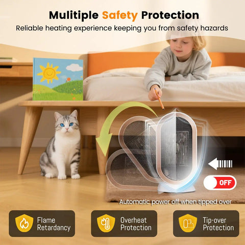 Child and cat near a 1200W PTC Ceramic Space Heater With Fast Heat, Portable Desk Heater under a table highlighting safety features.