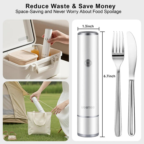 Compact Food Vacuum Sealer With 60kPa Power next to cooler and tote bag for RV camping sous vide.