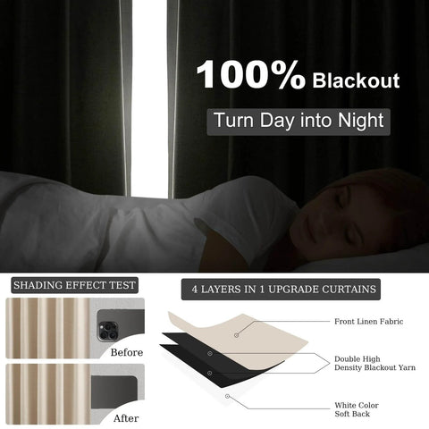 Heavy Duty Blackout Curtains For Track System, 9 Ft Long Cream Tan 2 Panel Set with full darkness demonstration.