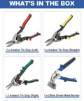 Heavy-Duty 4-Piece Tin Snips And Sheet Metal Bender Set showing left, straight, right aviation snips and offset hand seamer