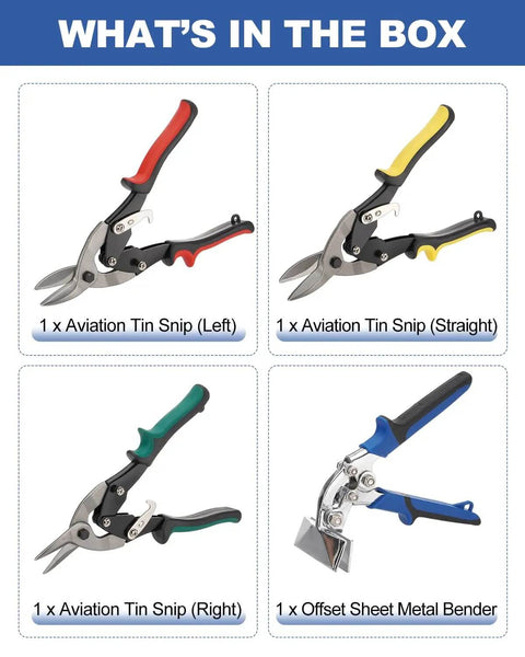 Heavy-Duty 4-Piece Tin Snips And Sheet Metal Bender Set showing left, straight, right aviation snips and offset hand seamer