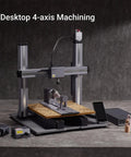 Next Level Rotary Module For Your Desktop Maker Machine Featuring Sweet 4 Axis Cnc Carving And Laser Engraving With Hella Precise Strain Wave Gearing And A Solid 3 Jaw Chuck Designed To Upgrade Any A350 Style 3D Printer Setup Today, showing desktop 4-axis CNC machining setup.