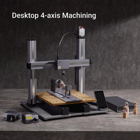 Next Level Rotary Module For Your Desktop Maker Machine Featuring Sweet 4 Axis Cnc Carving And Laser Engraving With Hella Precise Strain Wave Gearing And A Solid 3 Jaw Chuck Designed To Upgrade Any A350 Style 3D Printer Setup Today, showing desktop 4-axis CNC machining setup.