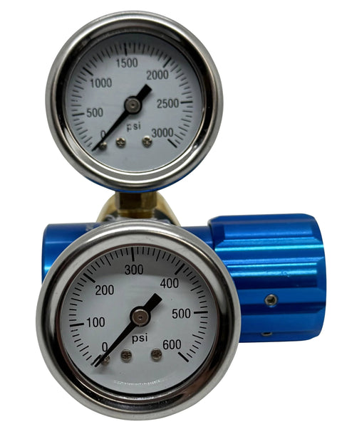 Preece Precision argon regulator with blue aluminum body and dual pressure gauges (front view)