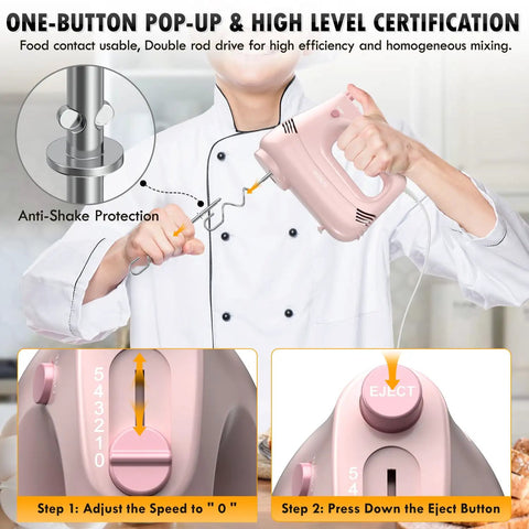 Person demonstrating the Pink Electric Hand Mixer With Turbo Boost and Five Adjustable Speeds with steel beaters.