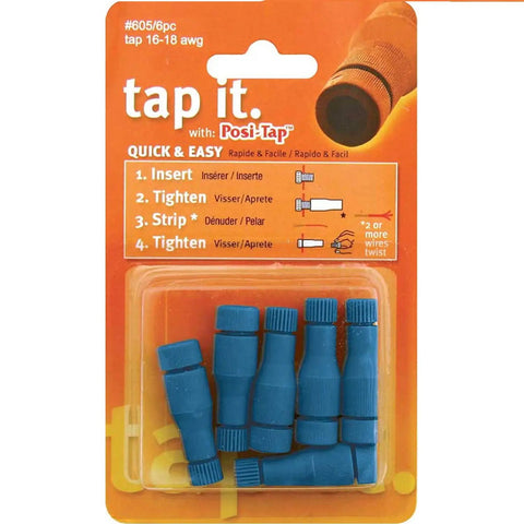 Image of Posi Tap 6 Piece Pack For 16 To 18 AWG Stranded Wire Blue High Quality Military Grade No Crimping Or Soldering Needed Easy Plug In Automotive OEM Style Electrical Tap Connector Quick Install in packaging.