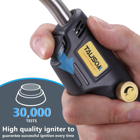 Close-up of a hand adjusting the knob on Map Gas Torch Kit With Holster, Adjustable Knob Trigger Start, And 4.9 Ft Hose For Safe Use In Tight Spaces.