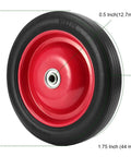 Heavy Duty 10 Inch Flat Free Solid Rubber Garden Cart Wheels, 2 Pack Semi Pneumatic Replacement Tires With Half Inch Axle, shown from front.