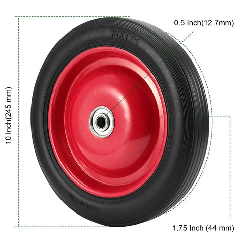 Heavy Duty 10 Inch Flat Free Solid Rubber Garden Cart Wheels, 2 Pack Semi Pneumatic Replacement Tires With Half Inch Axle, shown from front.