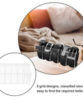 Upgrade Your Drawer Storage Vibe Today With This Sturdy Clear Acrylic Belt Organizer Designed With Five Flexible Foldable Sections To Store Ties And Belts, displaying five black belts.