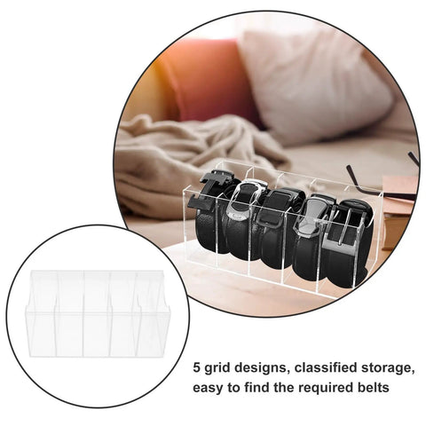 Upgrade Your Drawer Storage Vibe Today With This Sturdy Clear Acrylic Belt Organizer Designed With Five Flexible Foldable Sections To Store Ties And Belts, displaying five black belts.