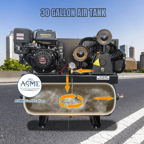 13HP Gas Air Compressor With Electric Start 30Gal ASME Tank Delivers 24CFM At 180PSI Industrial Piston Pump Powered By Gasoline Engine Includes Free 4L Synthetic Oil For Heavy Duty Use