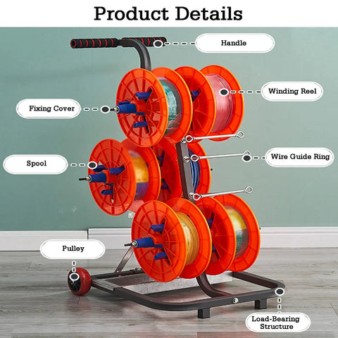 Multi Spool Cable Dispenser Cart On Wheels For Easy Wire Dispensing In Factories with labeled components and four reels