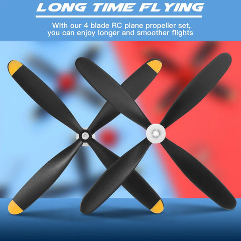 Three Pack Spare RC Plane Propellers for Mustang P51 400mm 4 Channel RC Aircraft, Four Blade Propellers With Saver Adapters And Red Nose