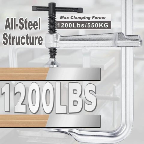 Heavy Duty F Clamps 4 Pack With 4-3/4 Inch Throat Depth, 12 Inch Opening, And 1200 Lbs Clamping Force for robust projects