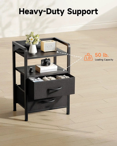 Nightstand With Charging Station And LED Light Strip, Modern End Table With USB Ports, AC Outlets, Storage Shelf And Two Fabric Drawers, Smart Bedroom Nightstand For Convenience And A Boss Vibe with open drawers and decor.
