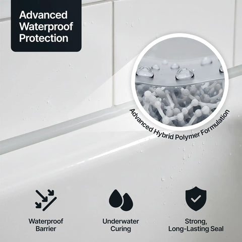 Advanced hybrid polymer on tile joints, showcasing Light Gray Kitchen And Bathroom Sealant And Adhesive Hybrid Polymer For Waterproof Odorless Paintable Caulk Alternative DIY Around Showers Tubs And Kitchens Underwater Friendly No Primer Needed 300ml Three Pack.